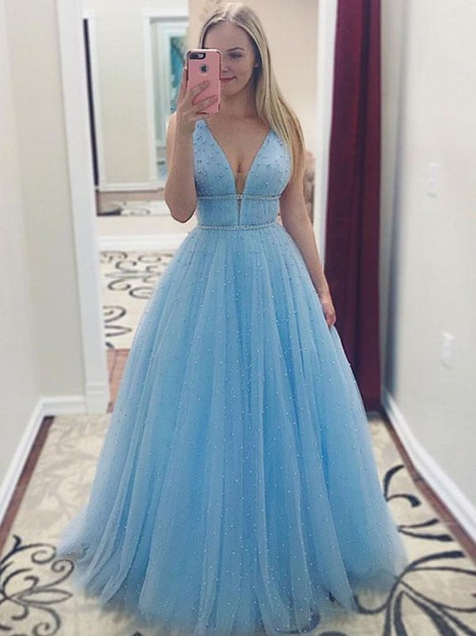 A-Line/Princess Sleeveless V-neck Floor-Length Pearls Tulle Dresses