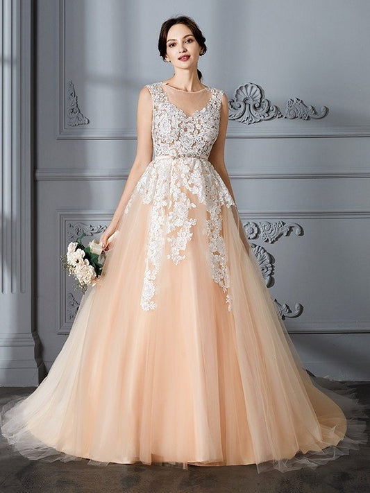 Scoop Sleeveless Gown Train Court Ball Tulle Wedding Dresses