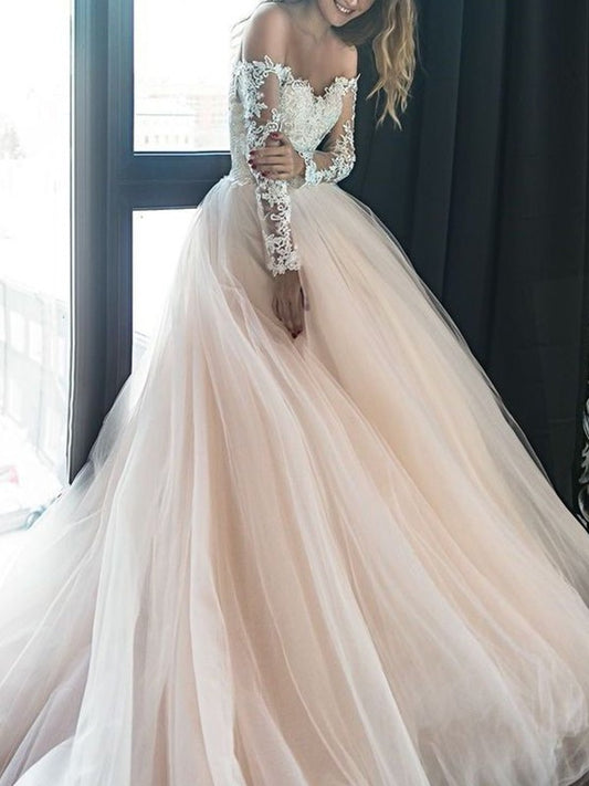 Off-the-Shoulder Train Applique Court Long Sleeves A-Line/Princess Tulle Wedding Dresses