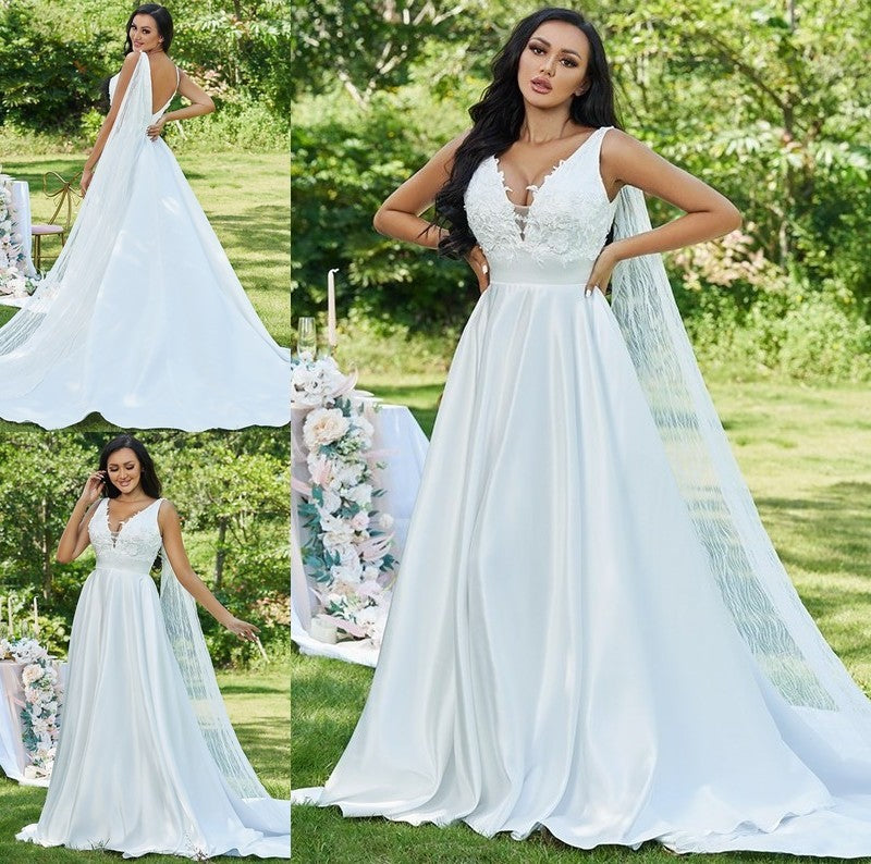 Sweep/Brush V-neck Sleeveless A-Line/Princess Satin Applique Train Wedding Dresses