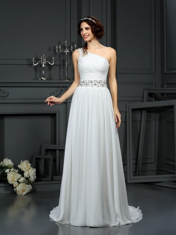 Beading Sleeveless Long One-Shoulder A-Line/Princess Chiffon Wedding Dresses