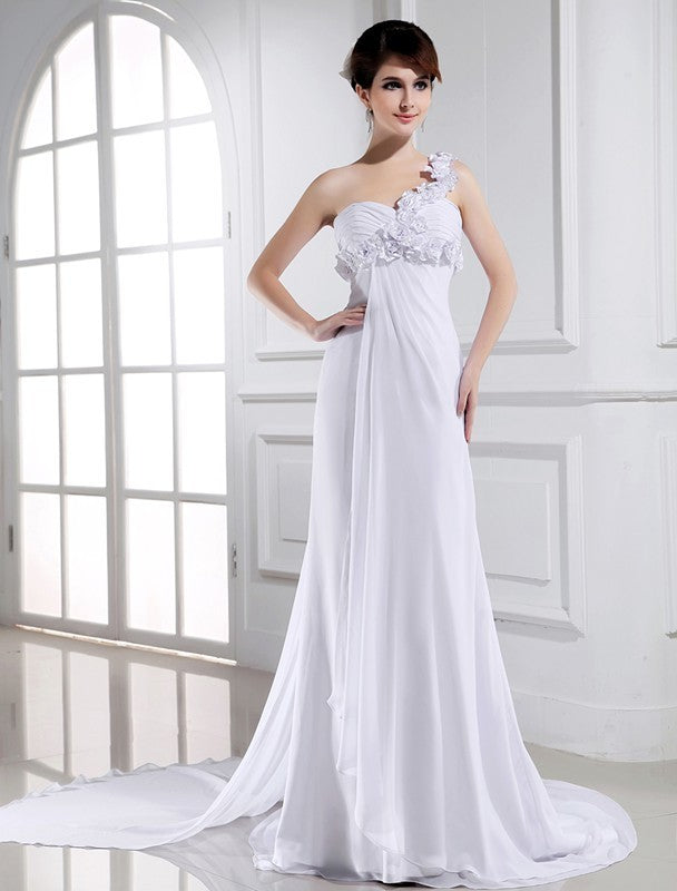 One-shoulder Sleeveless Beading Flower Hand-made A-Line/Princess Chiffon Wedding Dresses