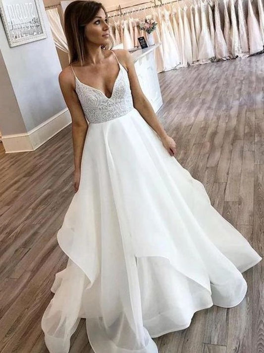 Spaghetti Chiffon Train A-Line/Princess Sweep/Brush Ruffles Straps Sleeveless Wedding Dresses