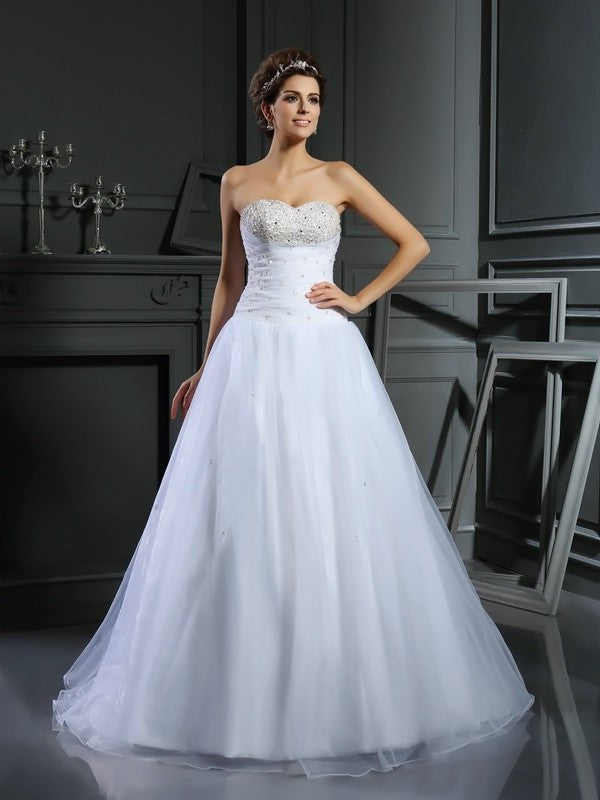 Beading Gown Long Sleeveless Ball Sweetheart Satin Wedding Dresses