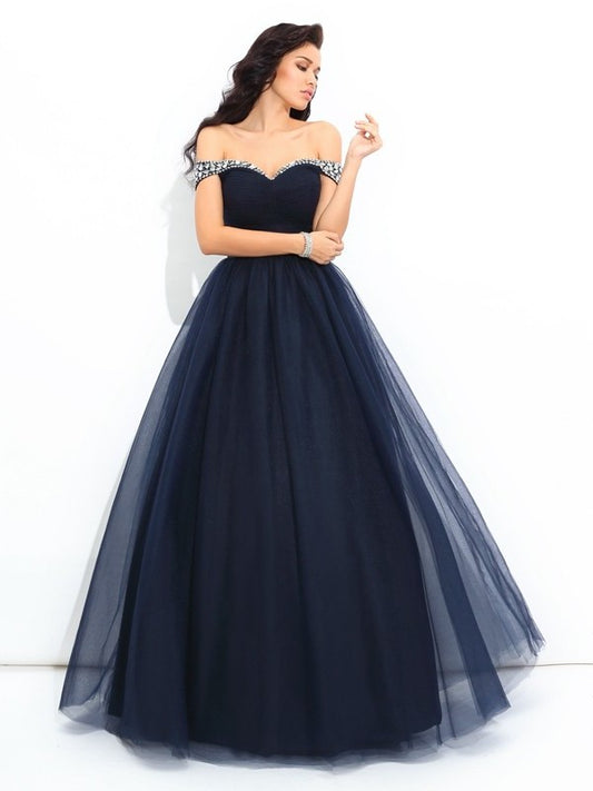 Beading Ball Off-the-Shoulder Gown Long Sleeveless Net Quinceanera Dresses