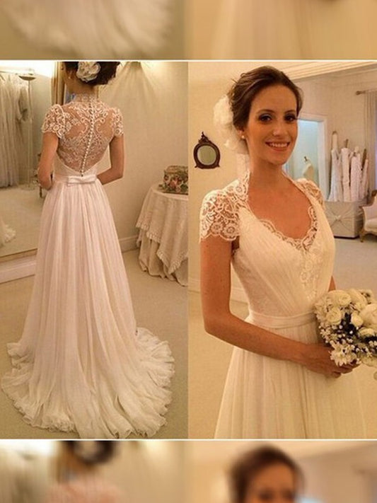 Sweep/Brush Lace V-neck Train Sleeveless A-Line/Princess Chiffon Wedding Dresses