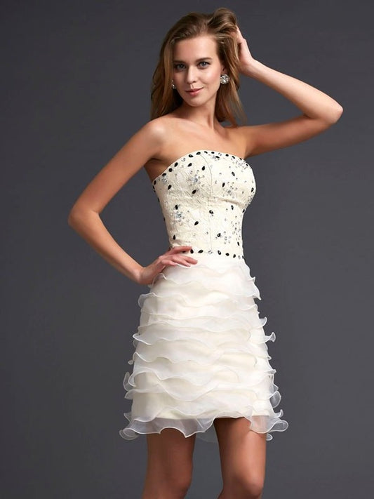 Strapless Short Beading Sheath/Column Sleeveless Tulle Homecoming Dresses