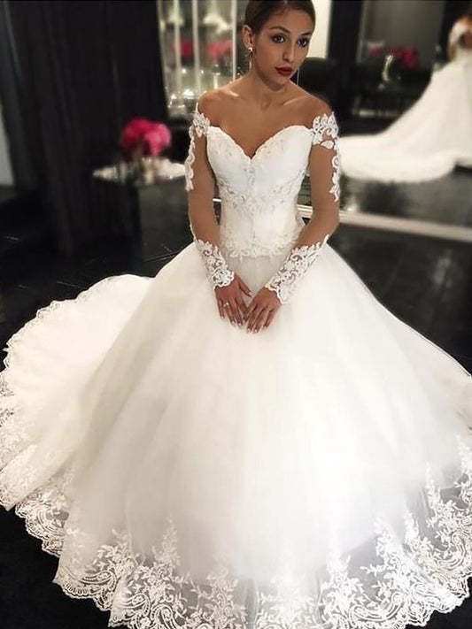 Court Sleeves Tulle Off-the-Shoulder Long Gown Ball Applique Train Wedding Dresses