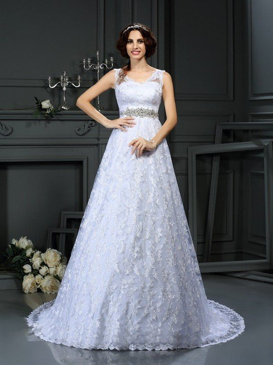 Lace V-neck Sleeveless Long A-Line/Princess Satin Wedding Dresses