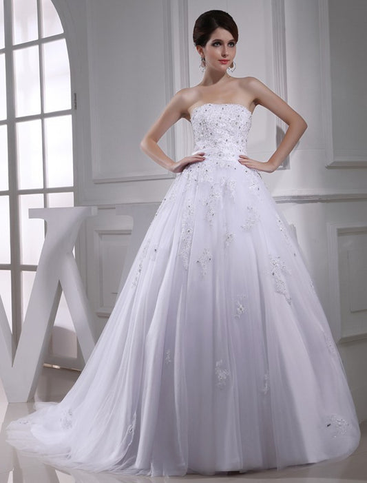 Strapless Applique Beading Ball Gown Sleeveless Satin Tulle Wedding Dresses