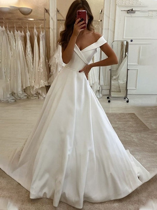 Satin Off-the-Shoulder A-Line/Princess Sweep/Brush Sleeveless Ruffles Train Wedding Dresses