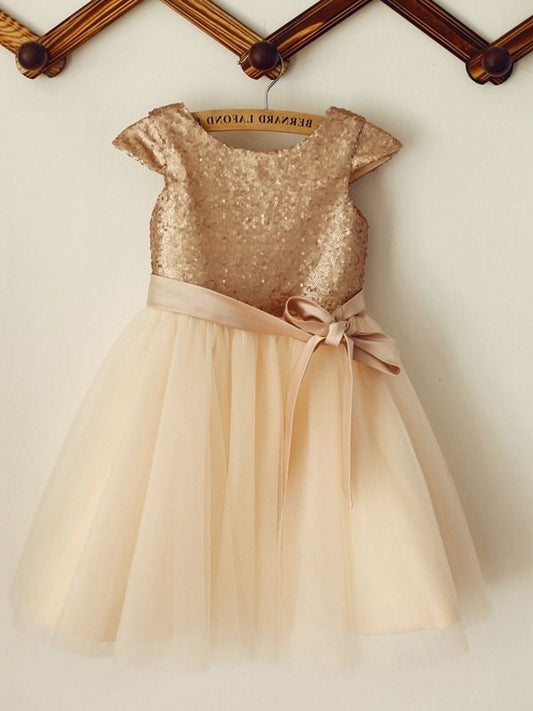 Sequin Scoop Knee-Length Sleeveless Tulle A-Line/Princess Flower Girl Dresses