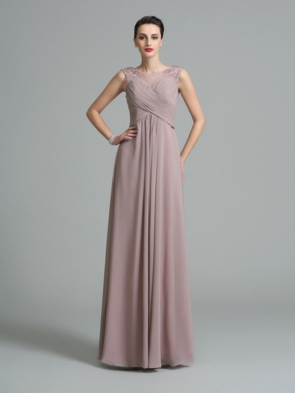 Long Sleeveless A-Line/Princess Ruched Scoop Chiffon Bridesmaid Dresses