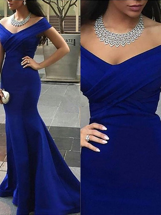 Sleeveless Trumpet/Mermaid Satin Off-the-Shoulder Sweep/Brush Train Dresses