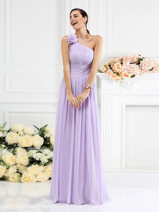 Long One-Shoulder A-Line/Princess Flower Sleeveless Pleats Hand-Made Chiffon Bridesmaid Dresses