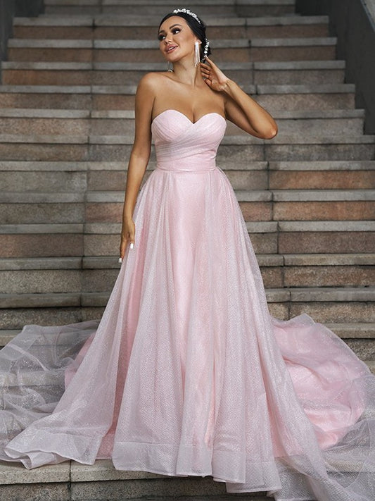 Ruffles A-Line/Princess Sweep/Brush Sweetheart Sleeveless Satin Train Wedding Dresses