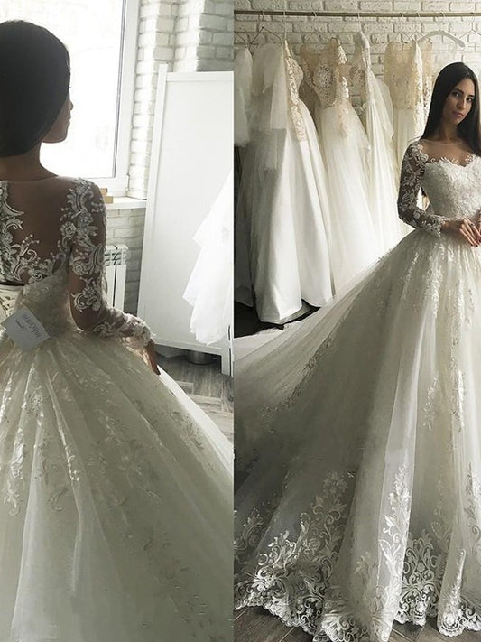 Long Sleeves Tulle Court Scoop Ball Applique Gown Train Wedding Dresses