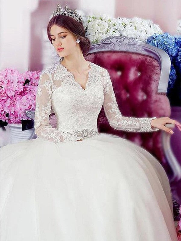 Applique Lace Sleeves A-Line/Princess Long V-neck Cathedral Train Tulle Wedding Dresses