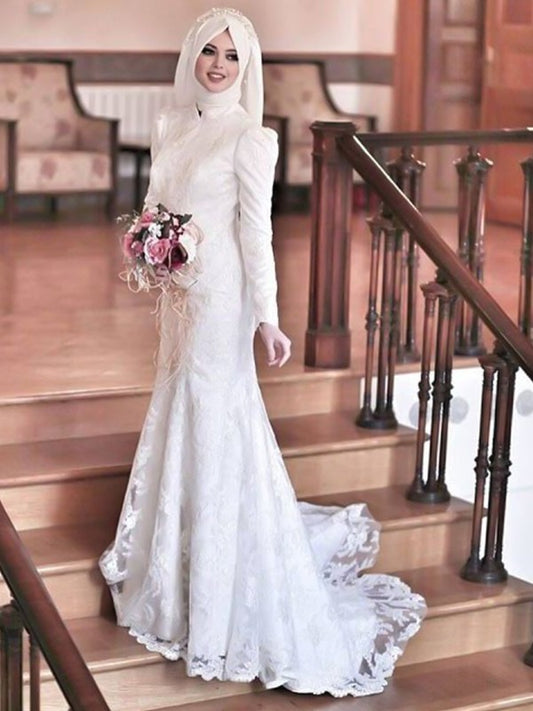 Lace High Train Sleeves Long Sweep/Brush Neck Trumpet/Mermaid Tulle Wedding Dresses