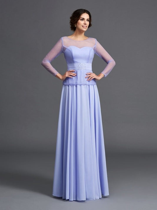 Sleeves Long Scoop of A-Line/Princess Chiffon Mother Ruffles Long the Bride Dresses