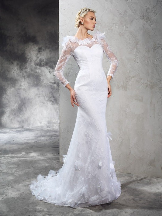 Hand-Made Long Flower Long Sheer Neck Sleeves Sheath/Column Satin Wedding Dresses