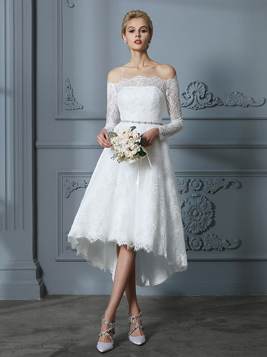 Sleeves Long A-Line/Princess Asymmetrical Off-the-Shoulder Lace Wedding Dresses