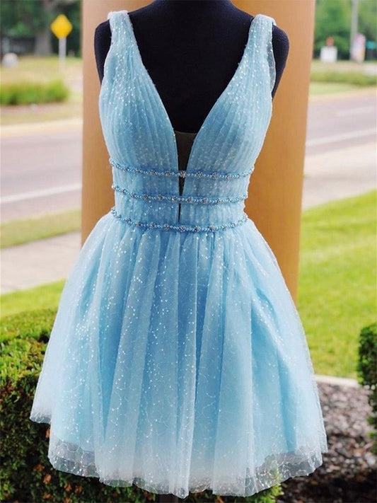 Tulle A-Line/Princess V-neck Sleeveless Beading Short/Mini Homecoming Dresses