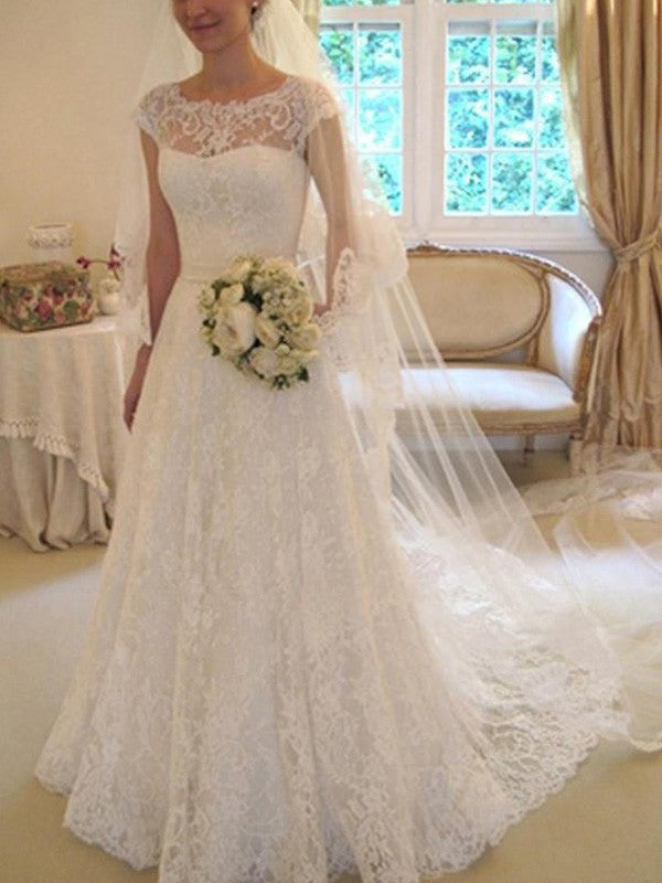 Sleeves Square Train Applique Sash/Ribbon/Belt A-Line/Princess Court Short Lace Wedding Dresses