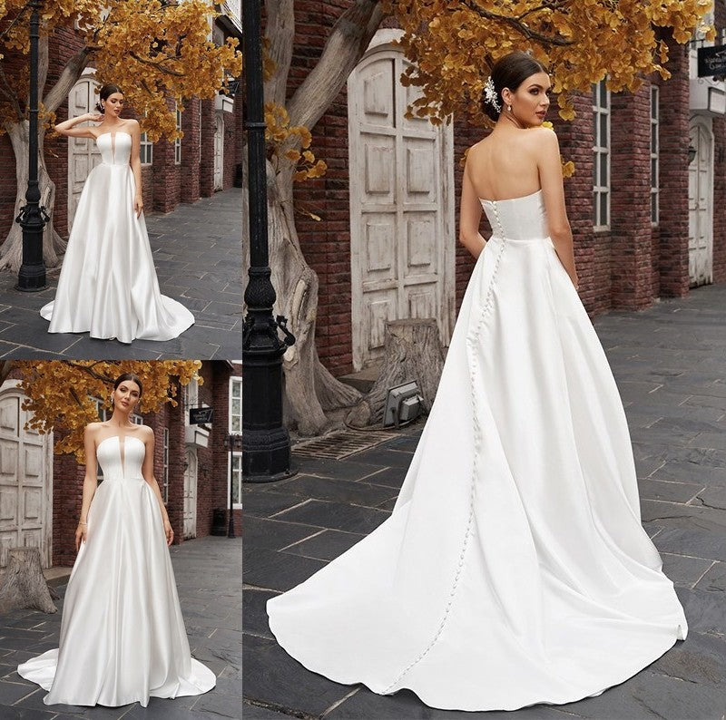 Sleeveless Sweep/Brush Ruffles A-Line/Princess Satin Strapless Train Wedding Dresses