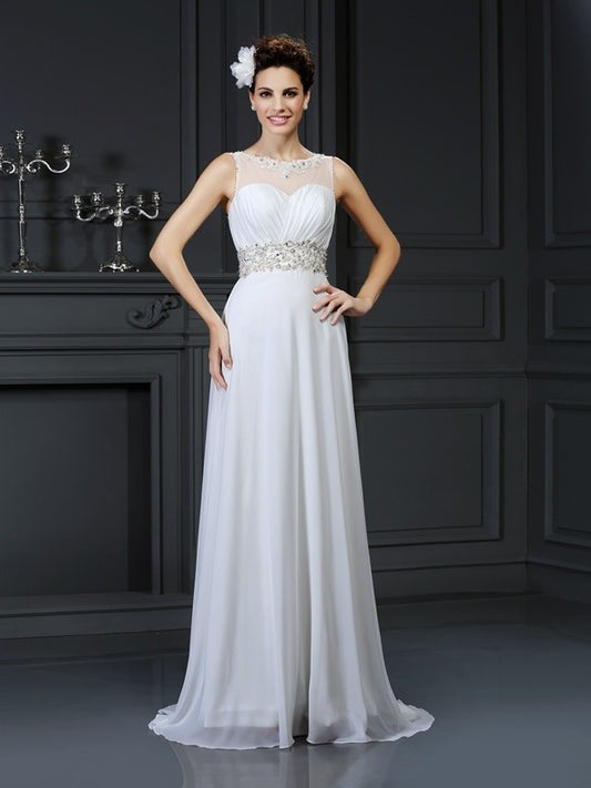 Bateau Ruffles Long Sleeveless A-Line/Princess Chiffon Wedding Dresses