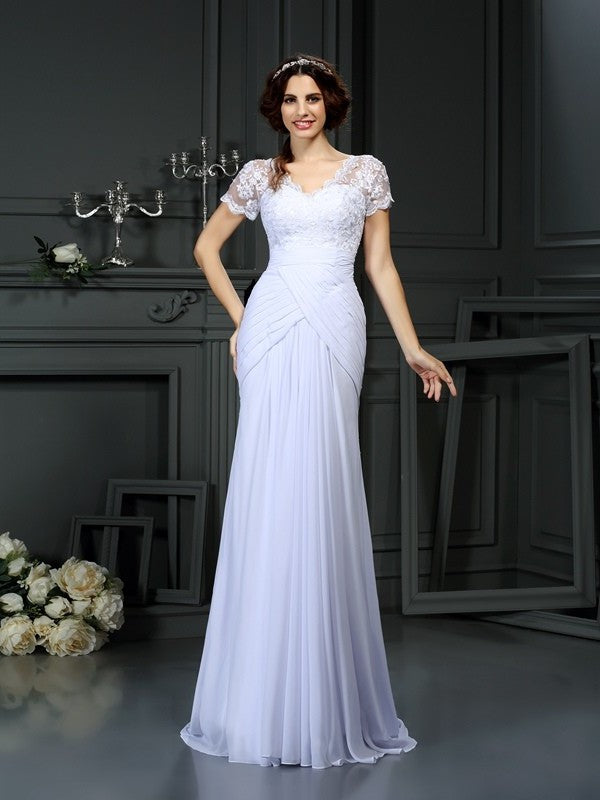 V-neck Lace Long Sheath/Column Short Sleeves Chiffon Wedding Dresses