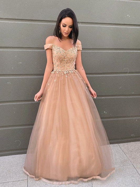 A-Line/Princess Sleeveless Tulle Applique Floor-Length Off-the-Shoulder Dresses