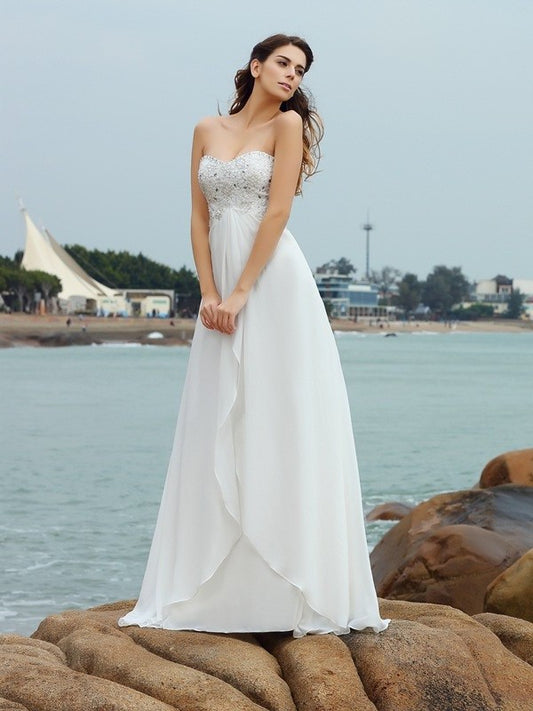 Sweetheart Long A-Line/Princess Chiffon Beading Sleeveless Beach Wedding Dresses