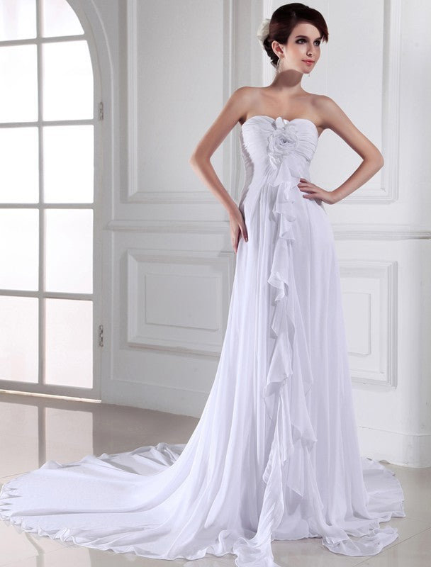 Sleeveless Chiffon Flower Sheath/Column Sweetheart Hand-made Long Wedding Dresses