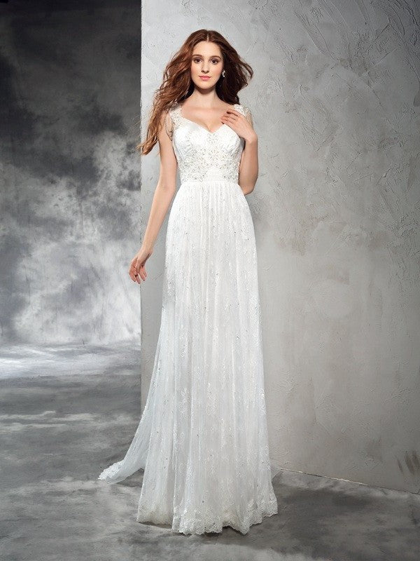 Lace A-Line/Princess Long Straps Sleeveless Lace Wedding Dresses