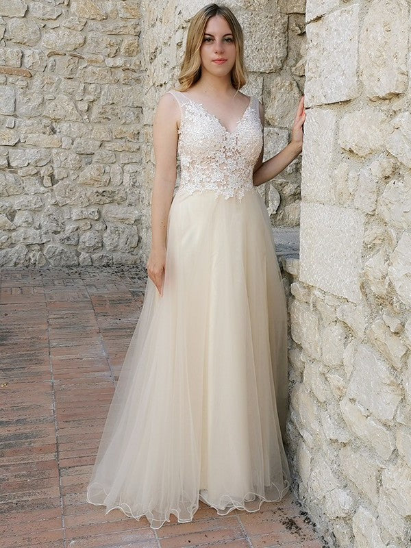 A-Line/Princess Tulle Applique Sleeveless V-neck Floor-Length Dresses