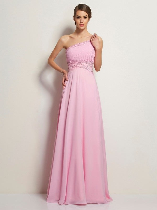 Sleeveless Long One-Shoulder A-Line/Princess Beading Chiffon Dresses