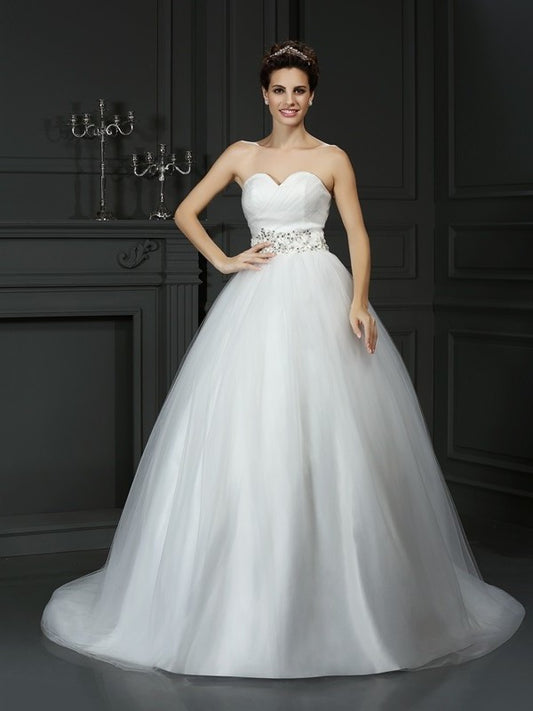 Ball Beading Gown Long Sleeveless Sweetheart Net Wedding Dresses