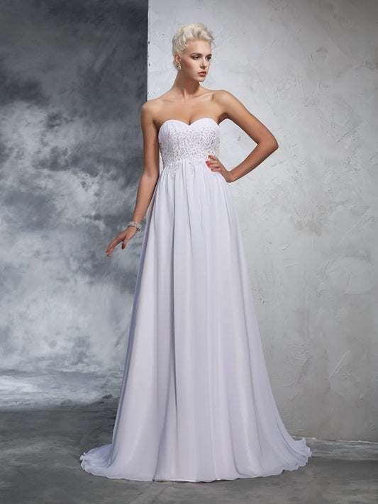 A-Line/Princess Sweetheart Beading Long Sleeveless Chiffon Wedding Dresses