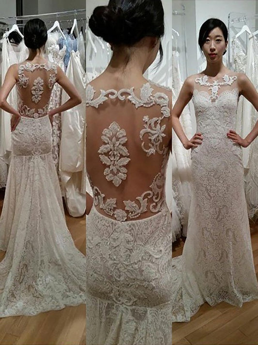 Sleeveless Trumpet/Mermaid Sweep/Brush Lace Scoop Train Wedding Dresses