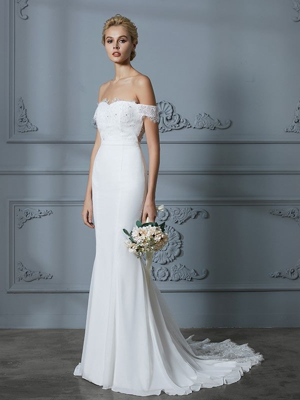 Sweep/Brush Lace Sleeveless Chiffon Off-the-Shoulder Trumpet/Mermaid Train Wedding Dresses