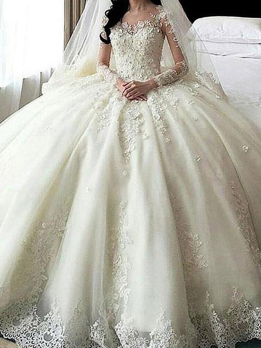 Applique Ball Lace Long Cathedral Scoop Gown Sleeves Train Tulle Wedding Dresses