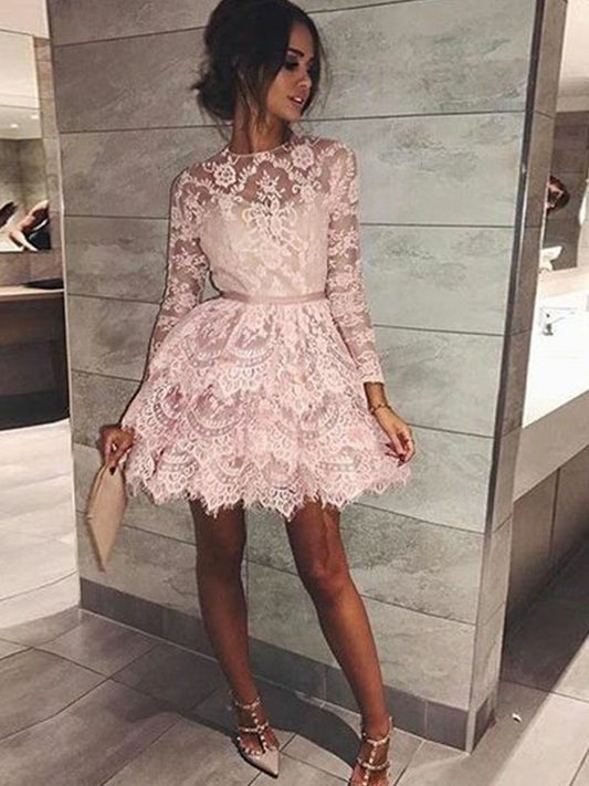 Bateau Beading A-Line/Princess Long Sleeves Lace Short/Mini Dresses