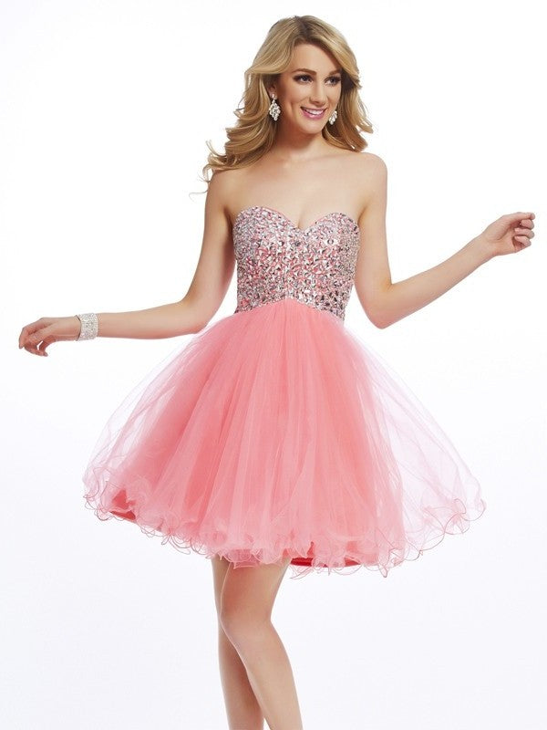 Sweetheart Short Beading A-Line/Princess Sleeveless Net Homecoming Dresses