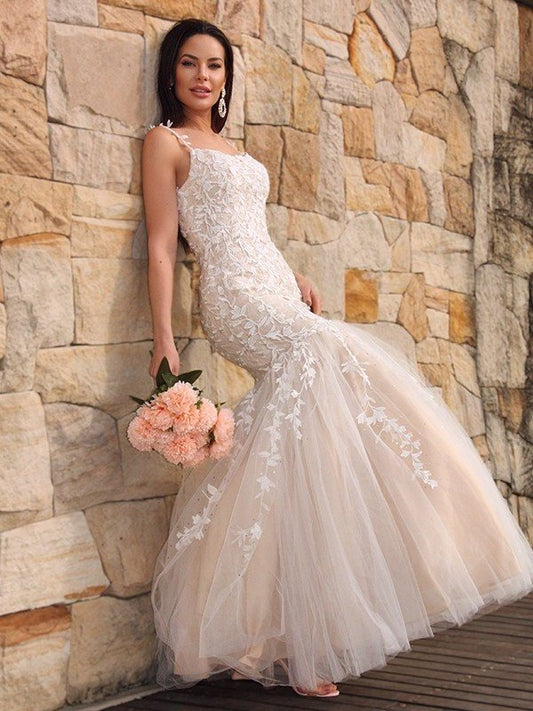 Applique Tulle Sleeveless Spaghetti Trumpet/Mermaid Straps Floor-Length Dresses