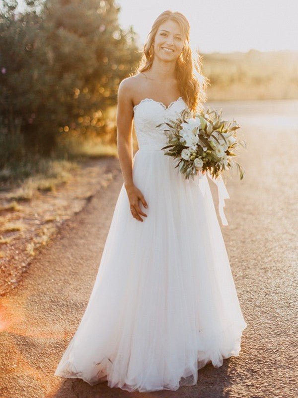 Sweetheart Tulle Sleeveless Ruched A-Line/Princess Floor-Length Wedding Dresses