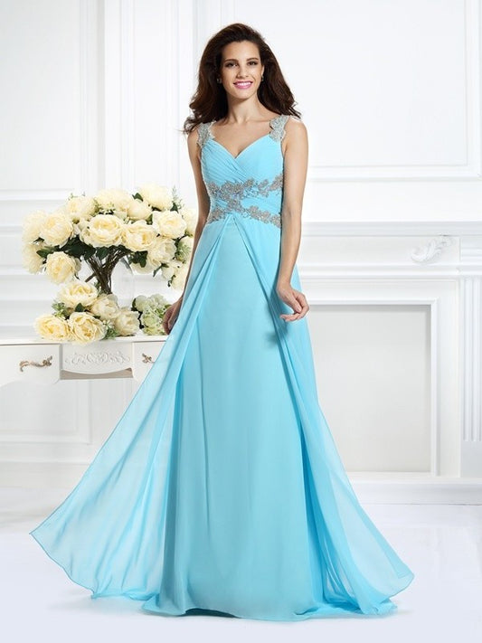 Sleeveless A-Line/Princess Beading V-neck Long Chiffon Dresses