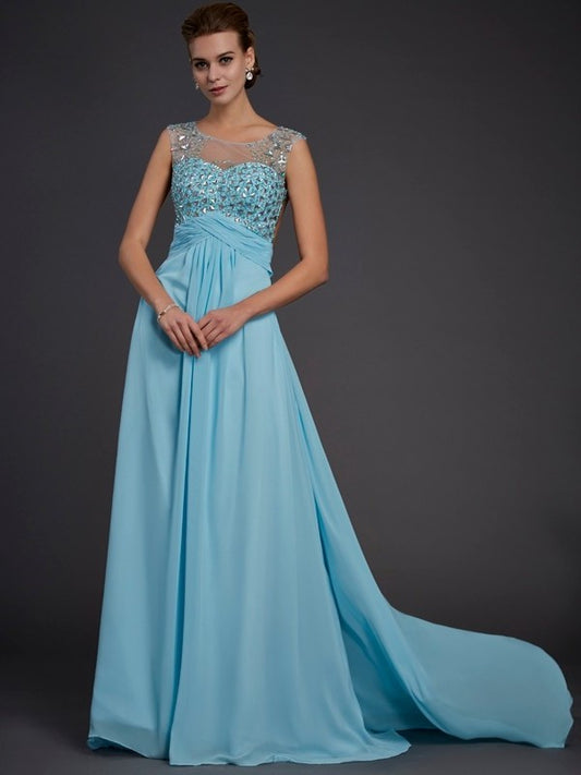 Sleeveless A-Line/Princess Beading Scoop Long Chiffon Dresses