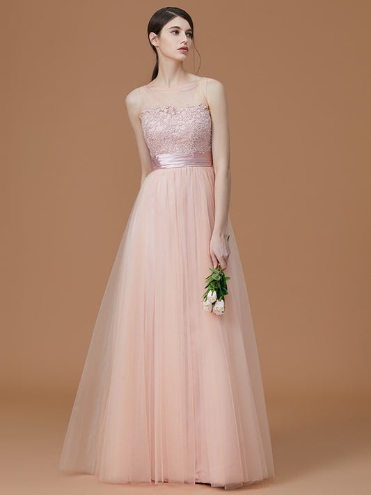 Bateau Sleeveless A-Line/Princess Floor-Length Applique Tulle Bridesmaid Dresses