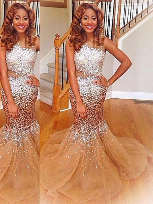 Sleeveless Trumpet/Mermaid Sequin Sweep/Brush Bateau Train Tulle Dresses